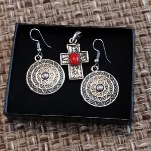 Silver-Tone Geometric Disc Earrings and Cross Pendant Set with Red Accent